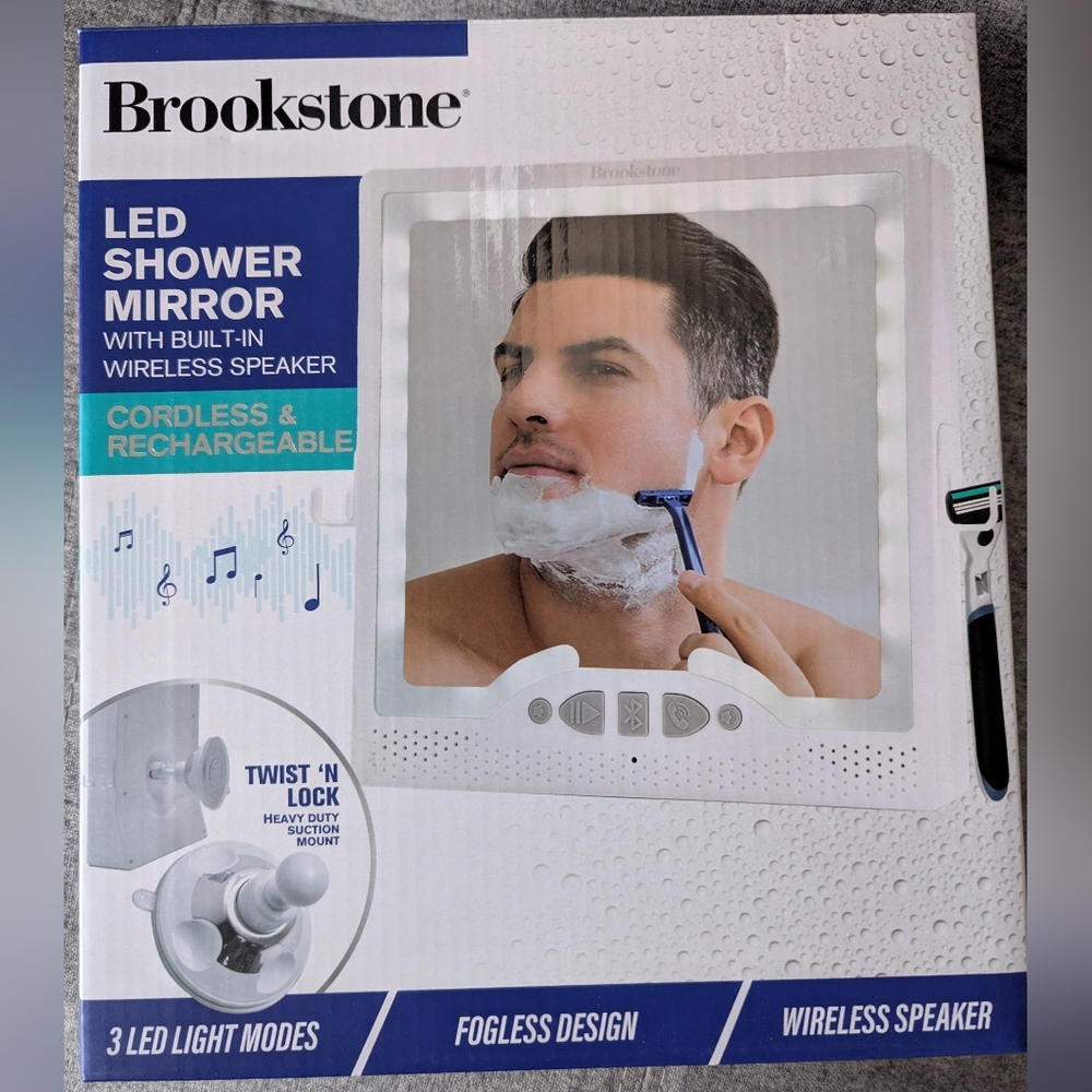 Brookstone LED Shower Mirror with Built-In Wireless Speaker — Blue/Teal Accents